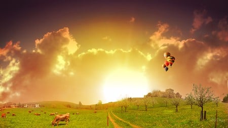 Sunset Hot Air Balloons - summer, cows, spring, country, farm, sky, bright, houses, clouds, firefox persona, balloons, cattle, trees, sunset