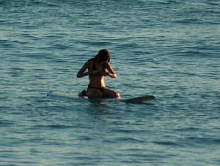 Maintain your dignity - woman, surf board, ocean, bikini