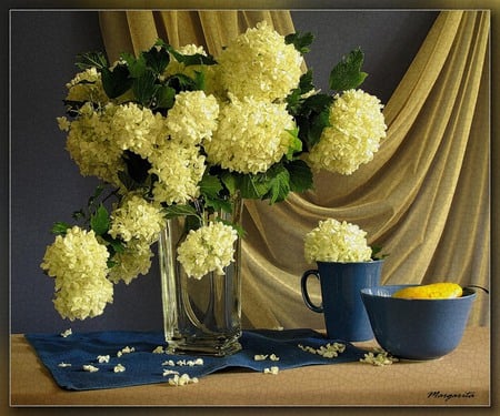 Melodious - silk, pear, bowl, hydrangeas, fruit, cup, vase, cloth, pretty, yellow, petals, blue, beautiful, flowers