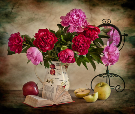 still life - beauty, nice, photography, bouquet, still life, book, peonies, pretty, reflection, cool, peony, kettle, apple, old, harmony, lovely, fruit, mirror, beautiful, flowers, photo, elegantly, flower