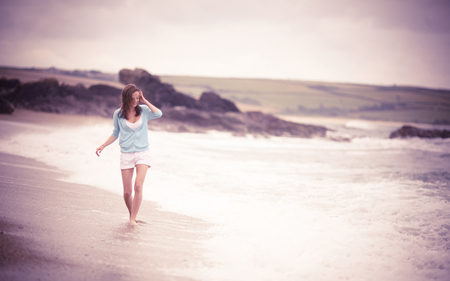 Walking On The Beach - beautiful, models, girl, sand, sky, people, beaches, oceans, nature