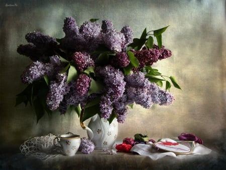 still life - beauty, nice, photography, bouquet, still life, pretty, cool, lace, kettle, lilac, old, harmony, tapestry, glass, lovely, beautiful, flowers, photo, elegantly, flower