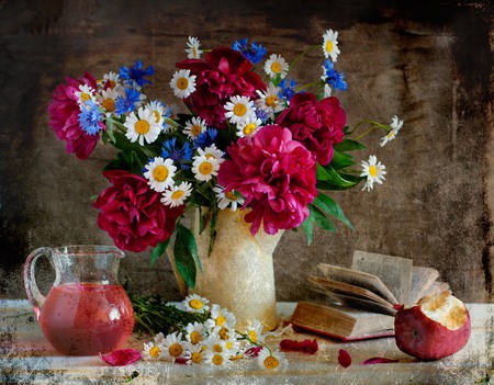 still life - pretty, elegantly, book, photo, flowers, daisies, peony, old, fruit, nice, pot, beautiful, photography, beauty, lovely, cool, still life, flower, bouquet, peonies, drink, harmony, juice, apple