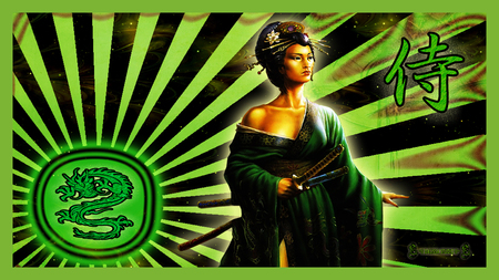 THE WOMAN SAMURAI IN GREEN - green, asian wallpaper, woman green, asian, samourai girls, dalissa