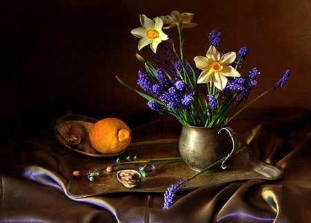 Light And Dark - fabric, daffodils, still life, orange, silver tray, flowers, purple satin, satin, tray, fruit, brass vase