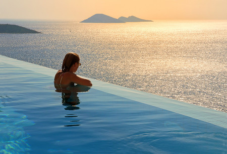 infinity - woman, view, blue, sea, infinity, pool