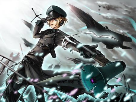 vocaloid - kagamine, weapon, vacaloid, flowers, ciel