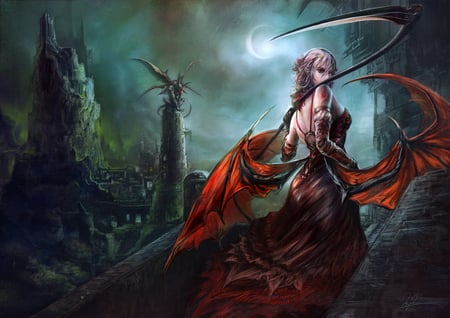 anime - moon, no bra, hayaken, scythe, sky, long hair, wings, vampire, red eyes, tagme, red, green, weapon, gray hair, dress