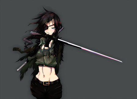 anime girl - jeans, katana, blue eye, samurai, weapo, black hair, green blush