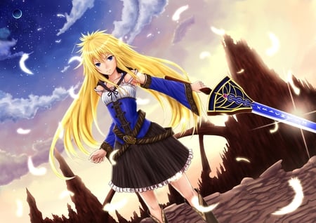 anime girl - ciel, yelow hair, dress, angel, blush, weapon, blue eyes