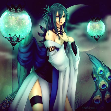 vocaloid - ciel, blue hair, aqua eyes, hatsune miku, kimono, night