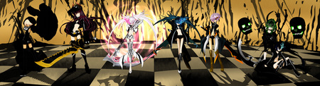 black rock shooter - yelow, green eyes, weaon, hair, gilrs, green, black hair, pink hair, purple hair, blue eyes