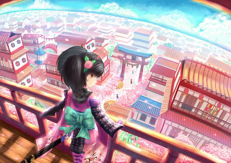 anime girl - red eyes, katana, flowers, city, black hair, kimono, weapon