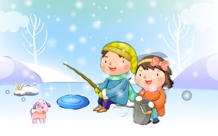 fishing - fishing, cartoon, snow, art