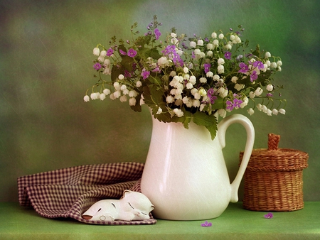 Still Life - beauty, photography, colorful, bouquet, basket, still life, spring, with love, white, purple, pretty, petals, lily of the valley, romance, green, for you, lovely, vase, nature, romantic, beautiful, flowers, colors