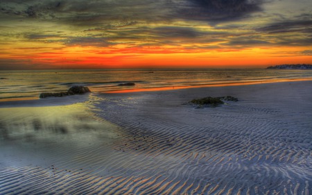 Sunset - beauty, beach, sky, peaceful, colorful, sunset, view, reflection, clouds, sand, ocean, lovely, waves, nature, beautiful, splendor, colors, sea