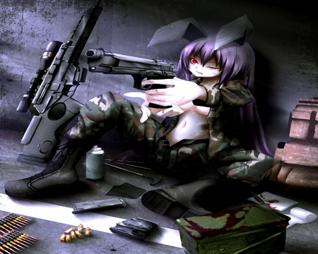 Soldier Bunny - gun, soldier, sexy, soldier bunny, assault rifle, bunny, touhou, alone, bunny ear, dark, reisen udongein inaba, rifle, fear, weapons