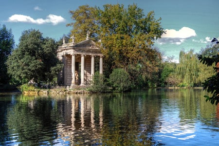 Restful - blue, landscpe, reflection, charming, view, sky, clouds, trees, water, image, beautiful, beauty, lovely, nature, green, places, background, lakes