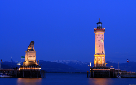 Bodensee at night - harbour entrance, night, lighthouse, sea