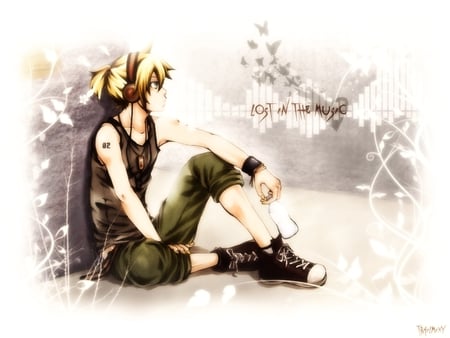 Lost in my Music - len, kagamine, vocaloid, leaves, music, twigs