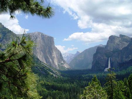 The Yosemite Valley - clouds, waterfall, blue, yosemite, mountains, valley, sky