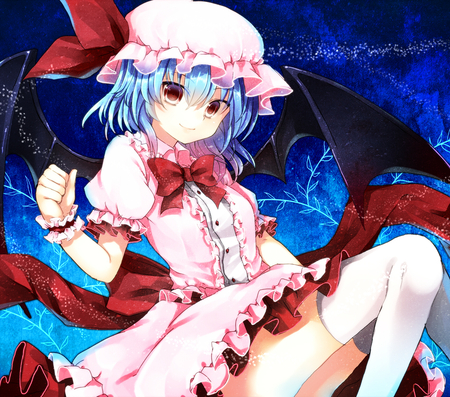 Remilia Scarlet - anime, high res, dress, bat wings, red eyes, vampire, touhou, blue hair, wings, remilia scarlet, thigh highs, bow, video game, pink dress