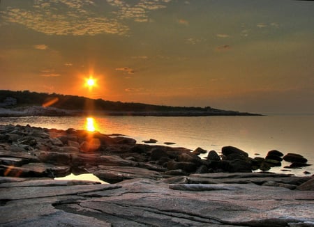 Summer sunset - beauty, sky, peaceful, sun, water, image, sunset, rocks, sesons, vacation, amazing, view, glowing, reflection, clouds, golden, hdr, ocean, background, seascape, summer, shore, gold, nature, tranquility, glow, beautiful