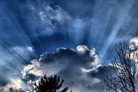 rays of light - rays, beauty, sunshine, sky, fluffy, photography, sun, nature, white, blue, clouds, sunrays