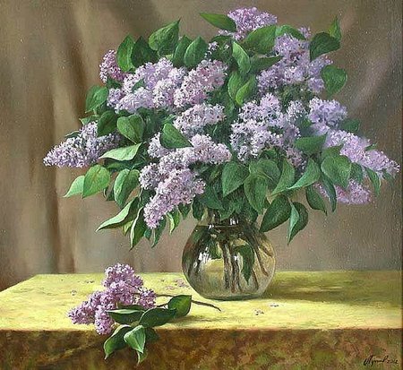 Purple bouquet in vase - painting, purple, art, table, bouquet, still life, flower