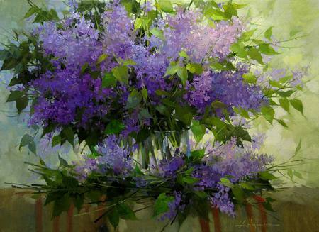 Purple flowers - flower, purple, bouquet, still life, painting, art