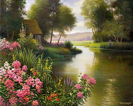 Fleur au bord de la riviere, by Louis Aston KInight - river, painting, louis aston knight, forest, flower, art, tree