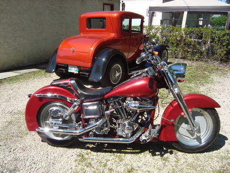 Custom FLH shovelhead and Ford Coupe - hd, hog, custom, flh, motorcycle, harley davidson