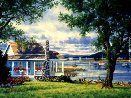 Cozy Cottage - clouds, house, trees, water, lawn, grass, flowers, boats, window boxes, lake, mountains, cottage