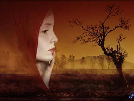 Sadness - woman, sadness, abstract, tree, sunset, fantasy