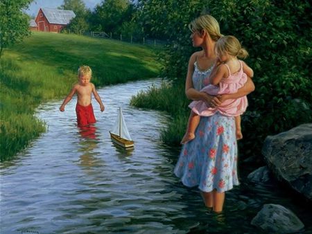 Painting by Robert Duncan - nature, painting, art, children, river, mother, robert duncan, boat