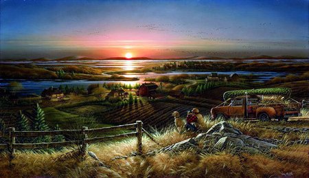 Sunset field - sky, field, sunset, painting, art