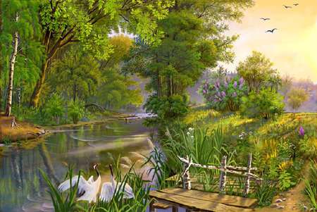 Riverside - painting, art, forest, river, tree, flower, bird