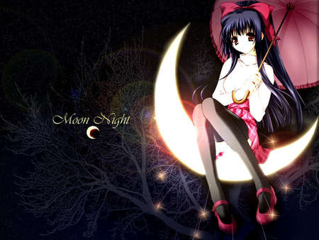 Moon Night - moon, red, dark, anime girl