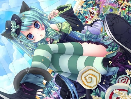 vocaloid - blue hair, palet, animals, aqua eyes, dress, ciel