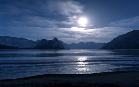 MOONLIT REFLECTION - sky, moonlit, reflection, clouds, blue, night, water, mountains