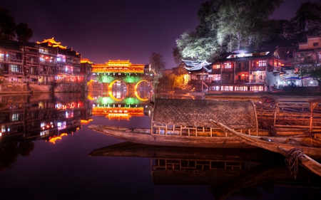 China - beauty, sky, trees, peaceful, water, colorful, view, reflection, architecture, house, bridge, boat, houses, china, lake, building, boats, night, buildings, lovely, nature, town, beautiful, city, colors, lights