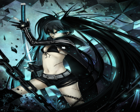 Black Rock Shooter - bra, mad, night, light, dark, black rock shooter, black coat, short, katana, twin tails, scar, chain, sword, cool, growing eye, sexy, gloves