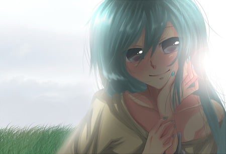 Hatsune Miku - pretty, artistic, meadow, real, pink, light, field, nice, sunlight, program, sunshine, beauty, virtual, cg, white, green, cute, aqua eyes, song, vocaloid, anime, twintail, grass, hatsune miku, music, aqua, art, sun, idol, anime girl, realistic, beautiful, singer, girl, blush, cool, black, glow, miku, awesome, diva, digital, aqua hair, hatsune, vocaloids