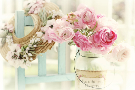 farmhouse flowers - hat, flowers, chear, still life, glass