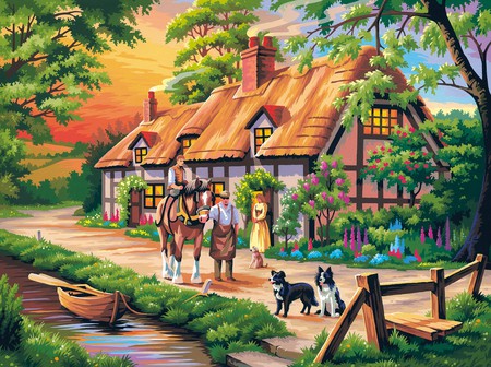 Country live - painting, trees, people, house, country