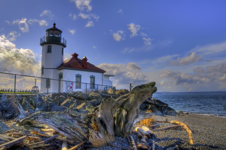 Lighthouse - beach, sky, water, image, rocks, view, clouds, architecture, hdr, tree, lighthouse, background, seascape, shore, driftwood, blue, beautiful, tide, photo