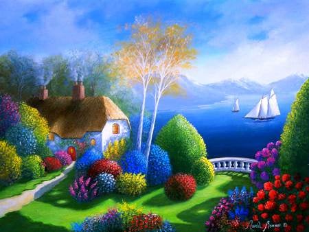 Colorful view - flower, path, boat, house, tree, painting, art