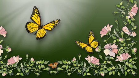 Fly Away - butterfly, yellow, green shine, peach flowers, firefox persona, vines, butterflies