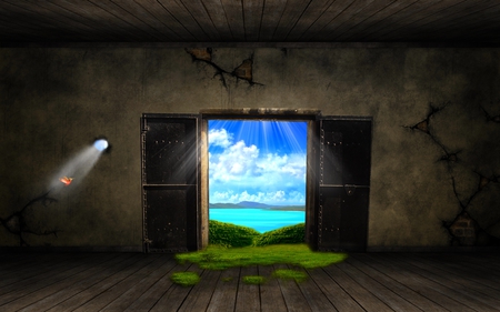 FANTASY DOOR - bird, sunlight, fantasy, door, nature, hole, ocean