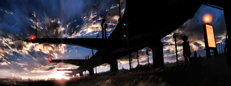 Bridge leading to...... - clouds, hosimo, anime girl, beautiful, scenic, beauty, tagme, cool, sunset, sky